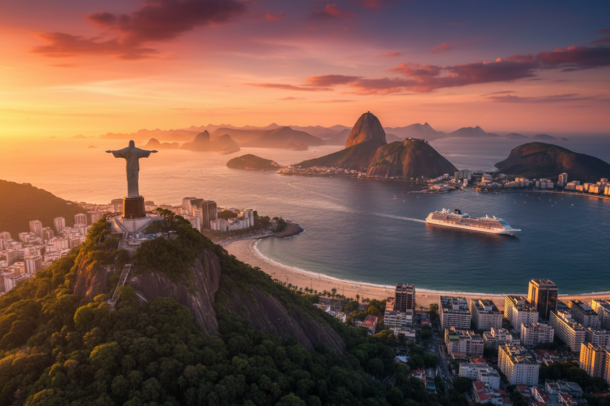 Rio de Janeiro all'ora dorata con Cristo Redentore, Pan di Zucchero, Copacabana e nave da crociera