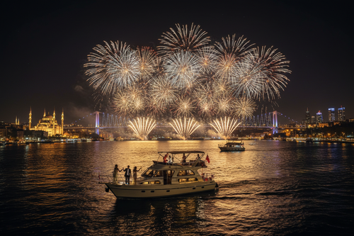 Istanbul di notte a Capodanno con fuochi d'artificio sul Bosforo