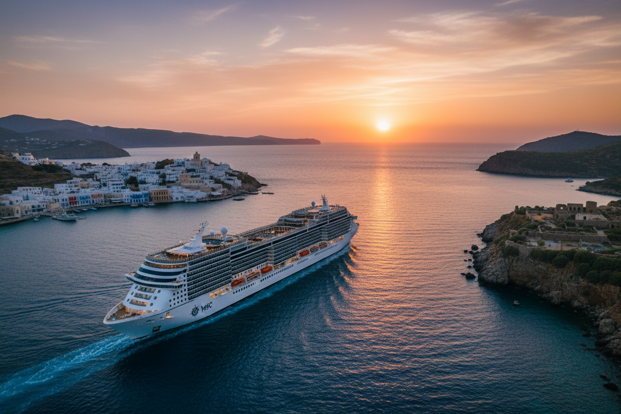 Nave da crociera MSC sul mare dell'Egeo con Mykonos sullo sfondo al tramonto